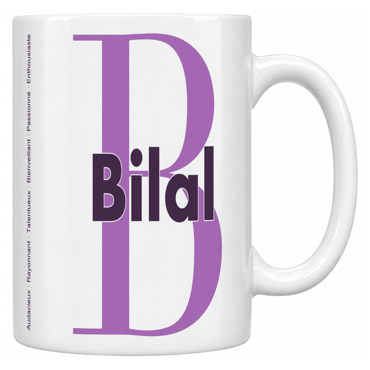 Mug blanc céramique 330 ml prénom Bilal : grande initiale B, prénom Bilal en lettres bold et six qualités verticales sur le côté