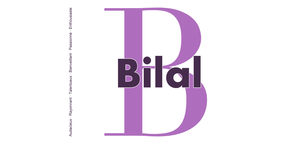 Visuel à plat du mug prénom Bilal : initiale B pleine hauteur, prénom Bilal centré et ligne verticale « Audacieux · Rayonnant · Talentueux · Bienveillant · Passionné · Enthousiaste »