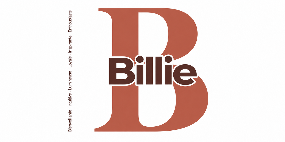 Visuel à plat du mug prénom Billie : initiale B pleine hauteur, prénom Billie centré et ligne verticale « Bienveillante · Intuitive · Lumineuse · Loyale · Inspirante · Enthousiaste »
