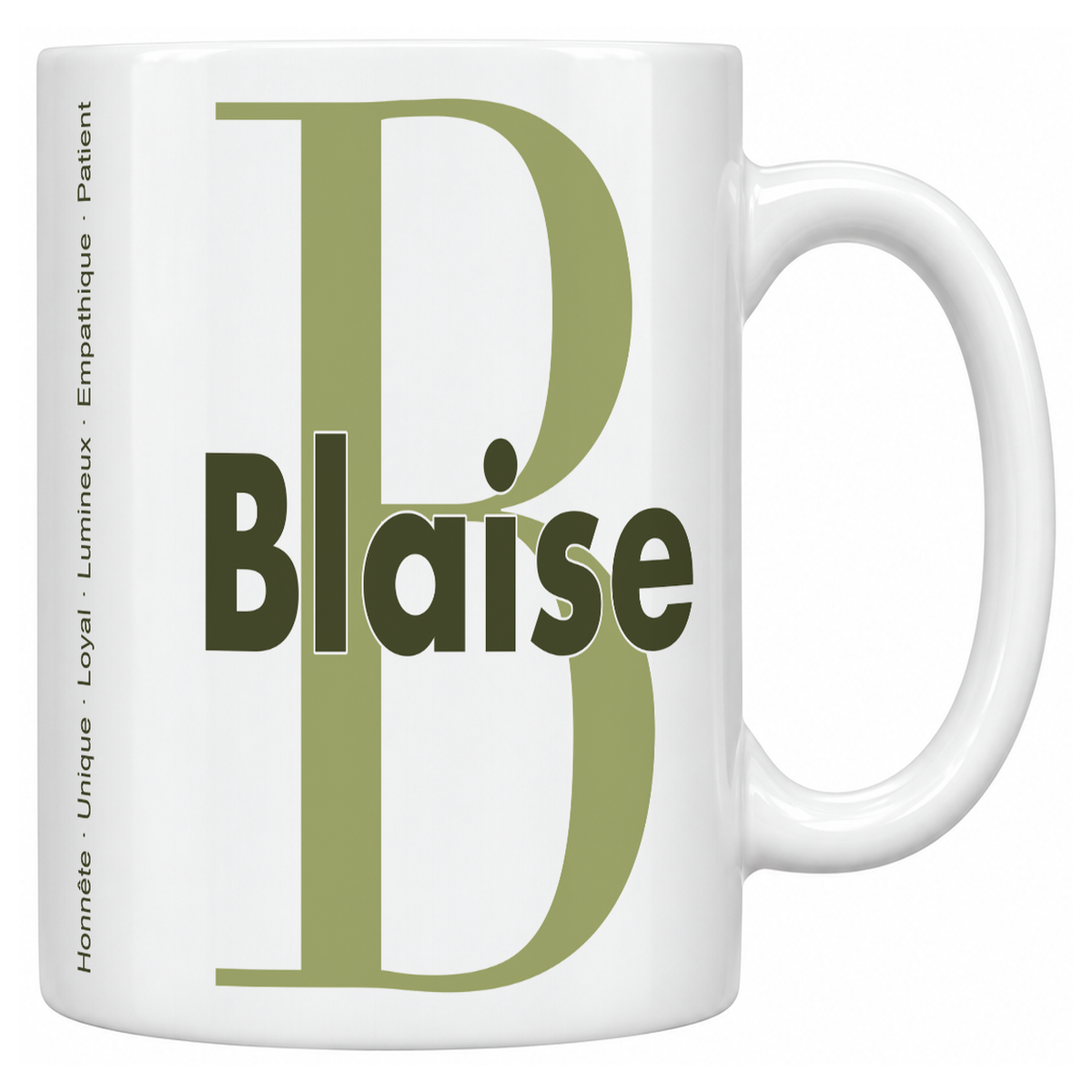 Mug blanc céramique 330 ml prénom Blaise : grande initiale B, prénom Blaise en lettres bold et six qualités verticales sur le côté