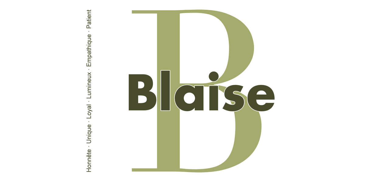 Visuel à plat du mug prénom Blaise : initiale B pleine hauteur, prénom Blaise centré et ligne verticale « Honnête · Unique · Loyal · Lumineux · Empathique · Patient »