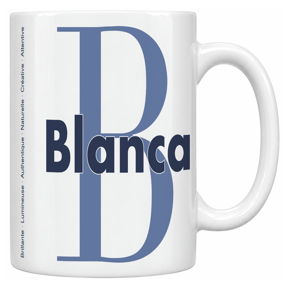 Mug blanc céramique 330 ml prénom Blanca : grande initiale B, prénom Blanca en lettres bold et six qualités verticales sur le côté