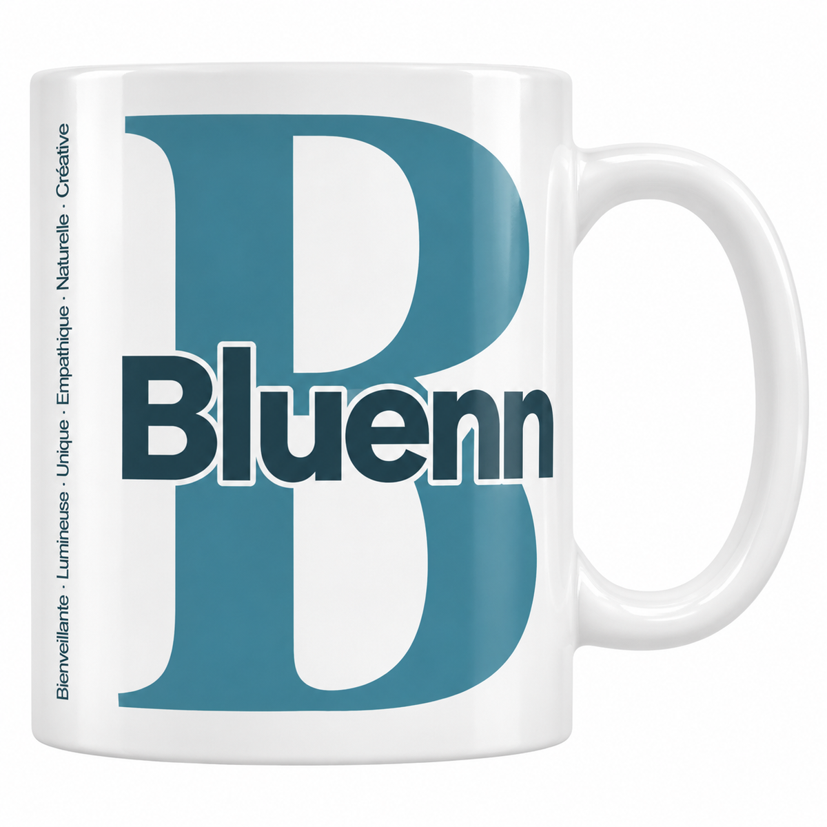 Mug blanc céramique 330 ml prénom Bluenn : grande initiale B, prénom Bluenn en lettres bold et six qualités verticales sur le côté
