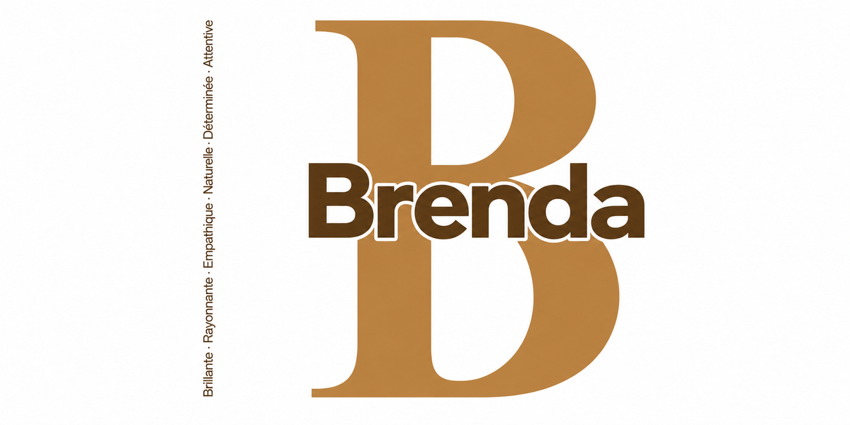 Visuel à plat du mug prénom Brenda : initiale B pleine hauteur, prénom Brenda centré et ligne verticale « Brillante · Rayonnante · Empathique · Naturelle · Déterminée · Attentive »