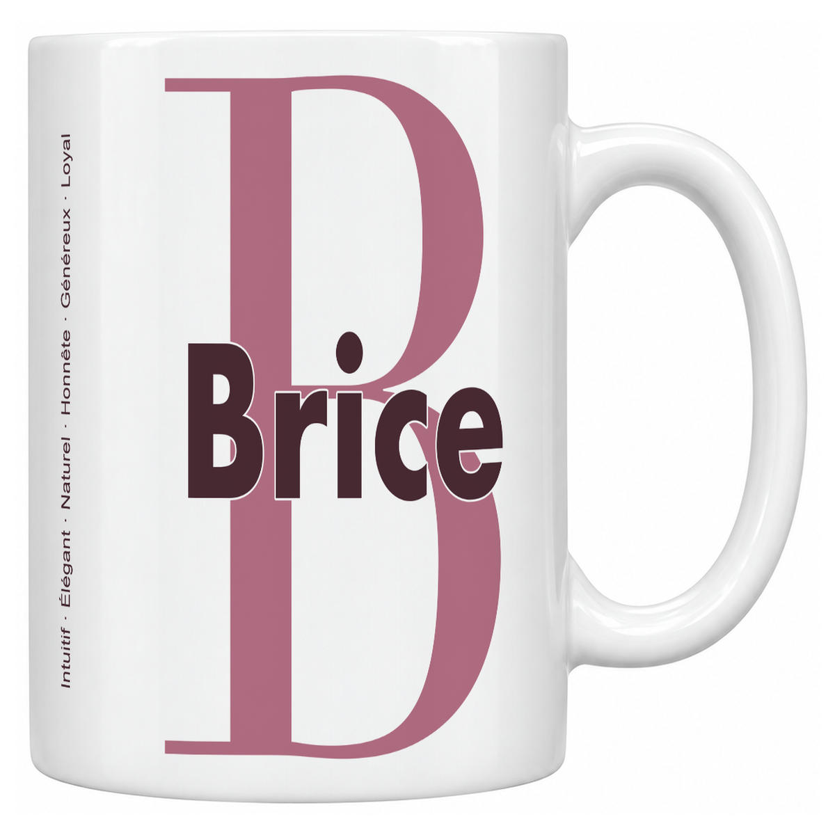 Mug blanc céramique 330 ml prénom Brice : grande initiale B, prénom Brice en lettres bold et six qualités verticales sur le côté
