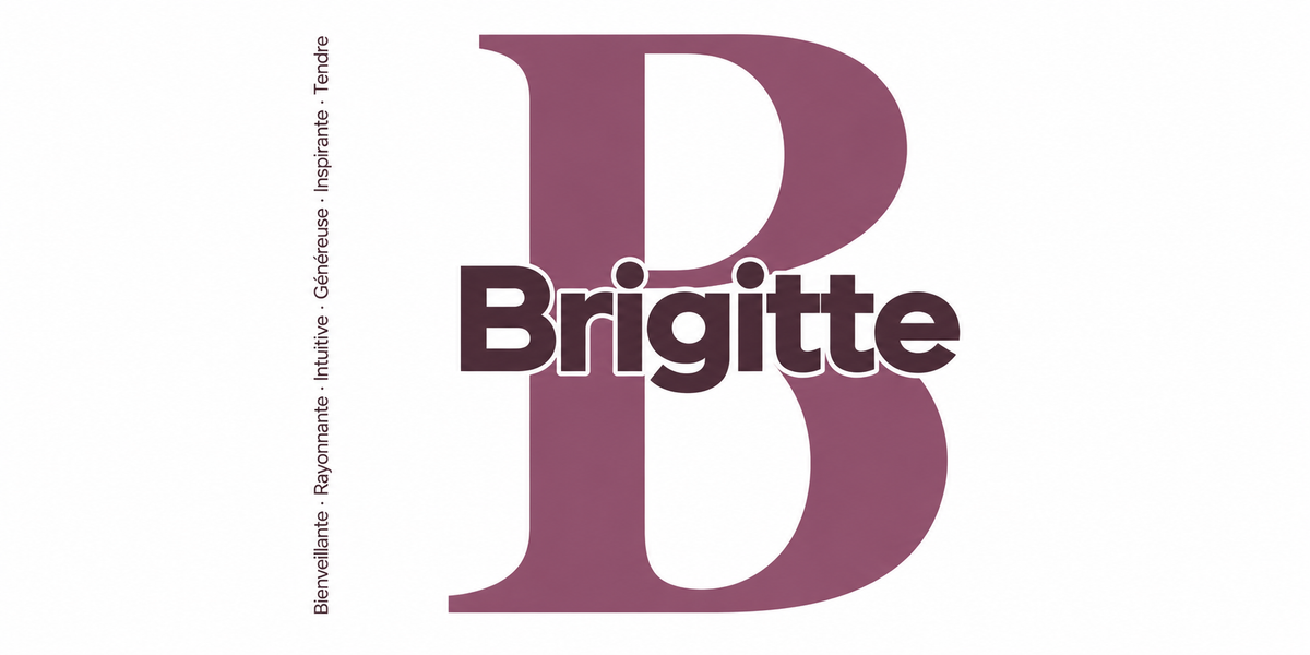 Visuel à plat du mug prénom Brigitte : initiale B pleine hauteur, prénom Brigitte centré et ligne verticale « Bienveillante · Rayonnante · Intuitive · Généreuse · Inspirante · Tendre »