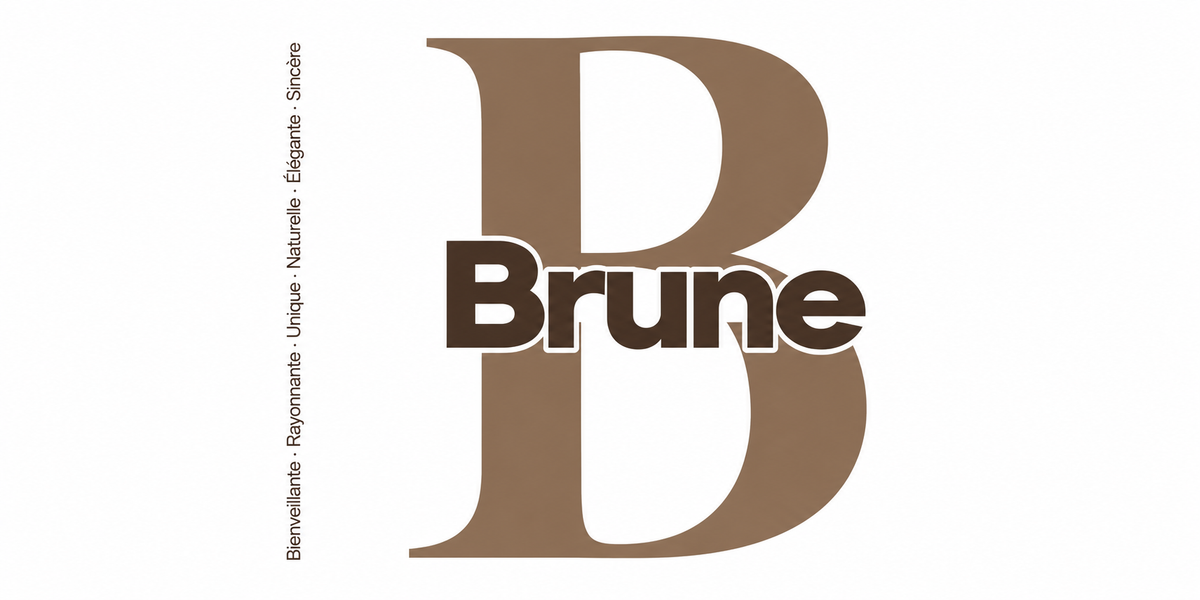 Visuel à plat du mug prénom Brune : initiale B pleine hauteur, prénom Brune centré et ligne verticale « Bienveillante · Rayonnante · Unique · Naturelle · Élégante · Sincère »