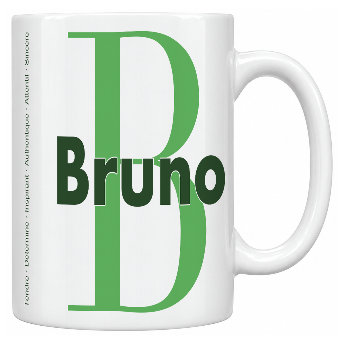 Mug blanc céramique 330 ml prénom Bruno : grande initiale B, prénom Bruno en lettres bold et six qualités verticales sur le côté