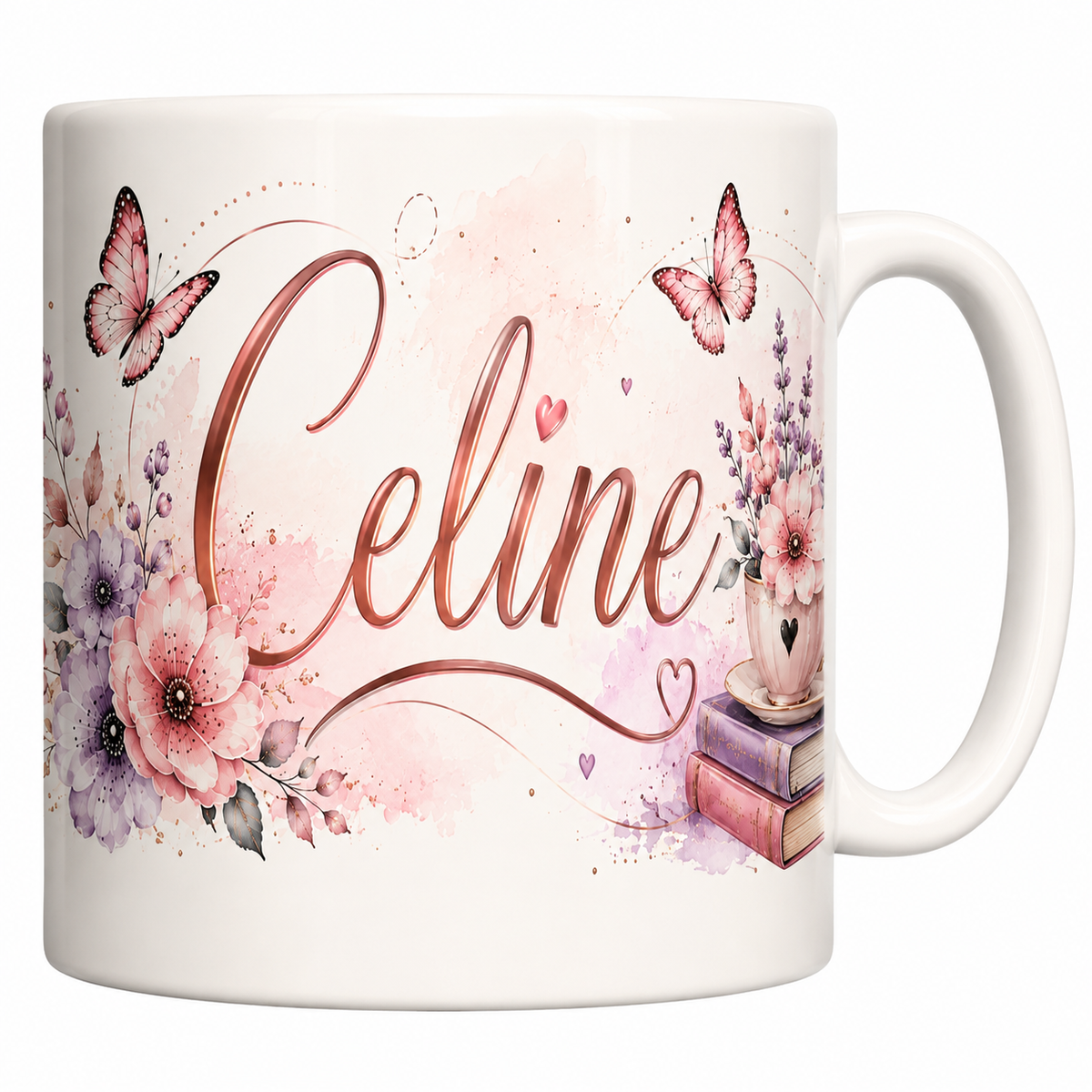 Mug céramique 330 ml prénom Céline : calligraphie rose doré, roses aquarelle et papillons