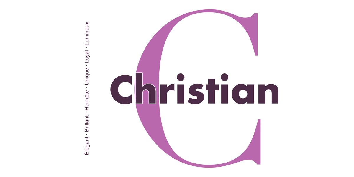 Visuel à plat du mug prénom Christian : initiale C pleine hauteur, prénom Christian centré et ligne verticale « Élégant · Brillant · Honnête · Unique · Loyal · Lumineux »