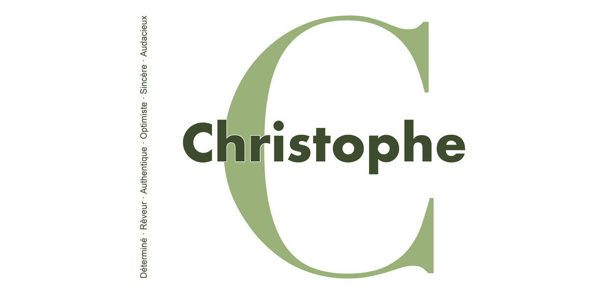 Visuel à plat du mug prénom Christophe : initiale C pleine hauteur, prénom Christophe centré et ligne verticale « Déterminé · Rêveur · Authentique · Optimiste · Sincère · Audacieux »