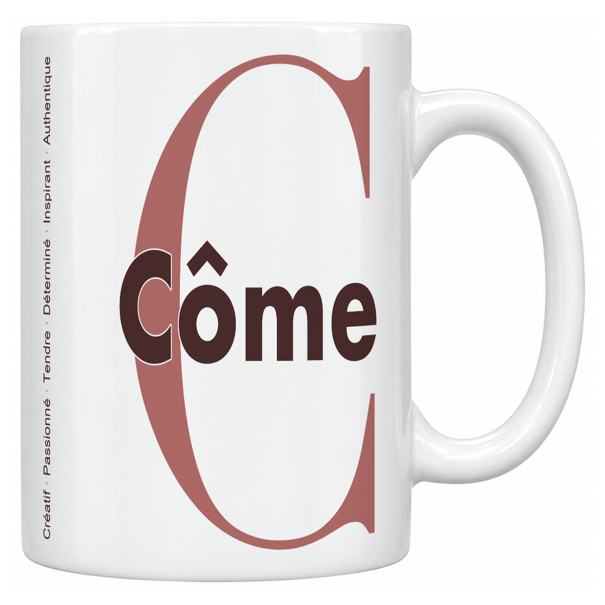 Mug blanc céramique 330 ml prénom Côme : grande initiale C, prénom Côme en lettres bold et six qualités verticales sur le côté