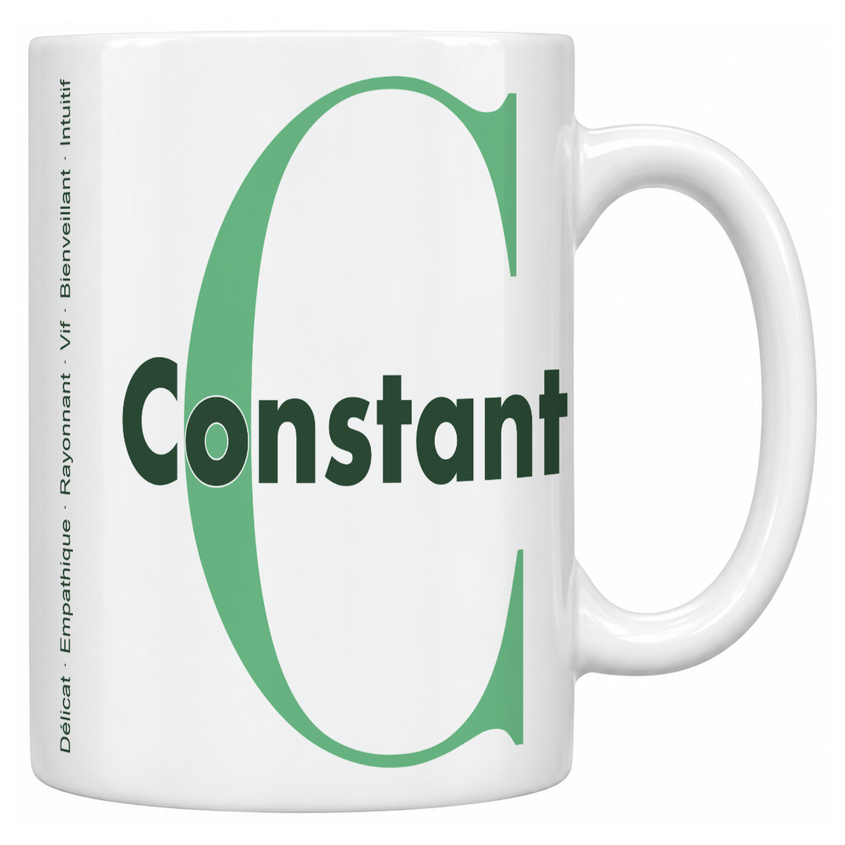 Mug blanc céramique 330 ml prénom Constant : grande initiale C, prénom Constant en lettres bold et six qualités verticales sur le côté