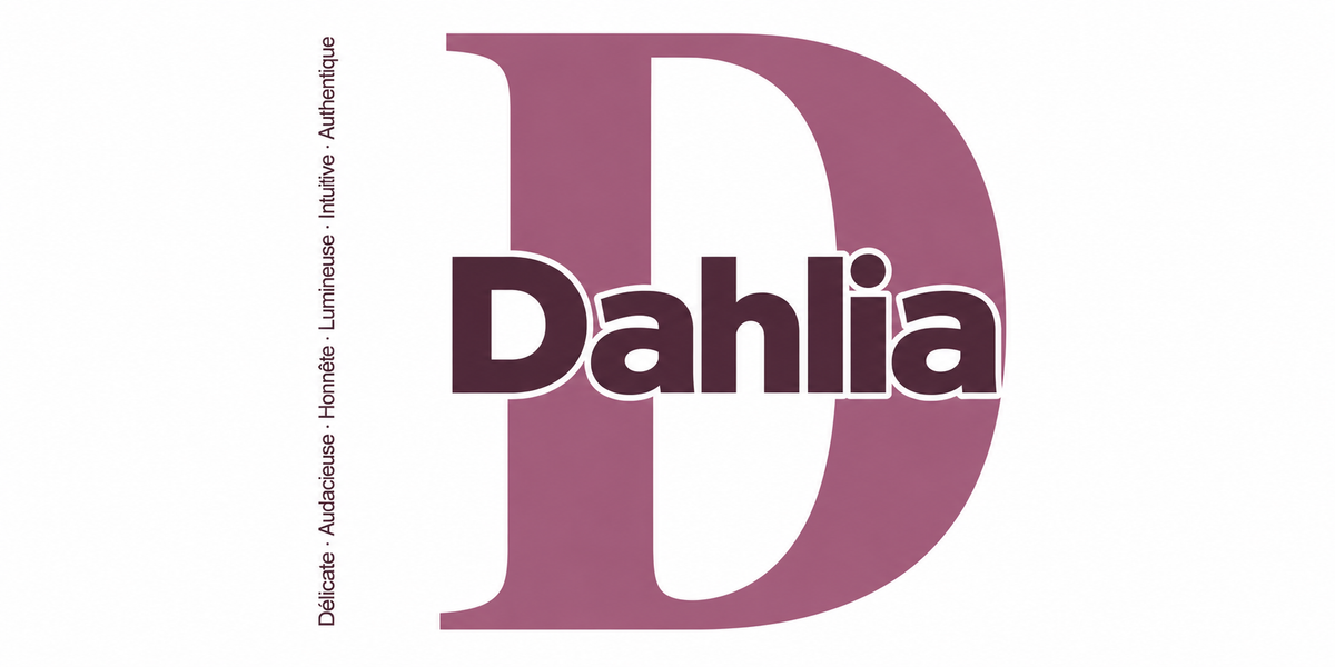 Visuel à plat du mug prénom Dahlia : initiale D pleine hauteur, prénom Dahlia centré et ligne verticale « Délicate · Audacieuse · Honnête · Lumineuse · Intuitive · Authentique »