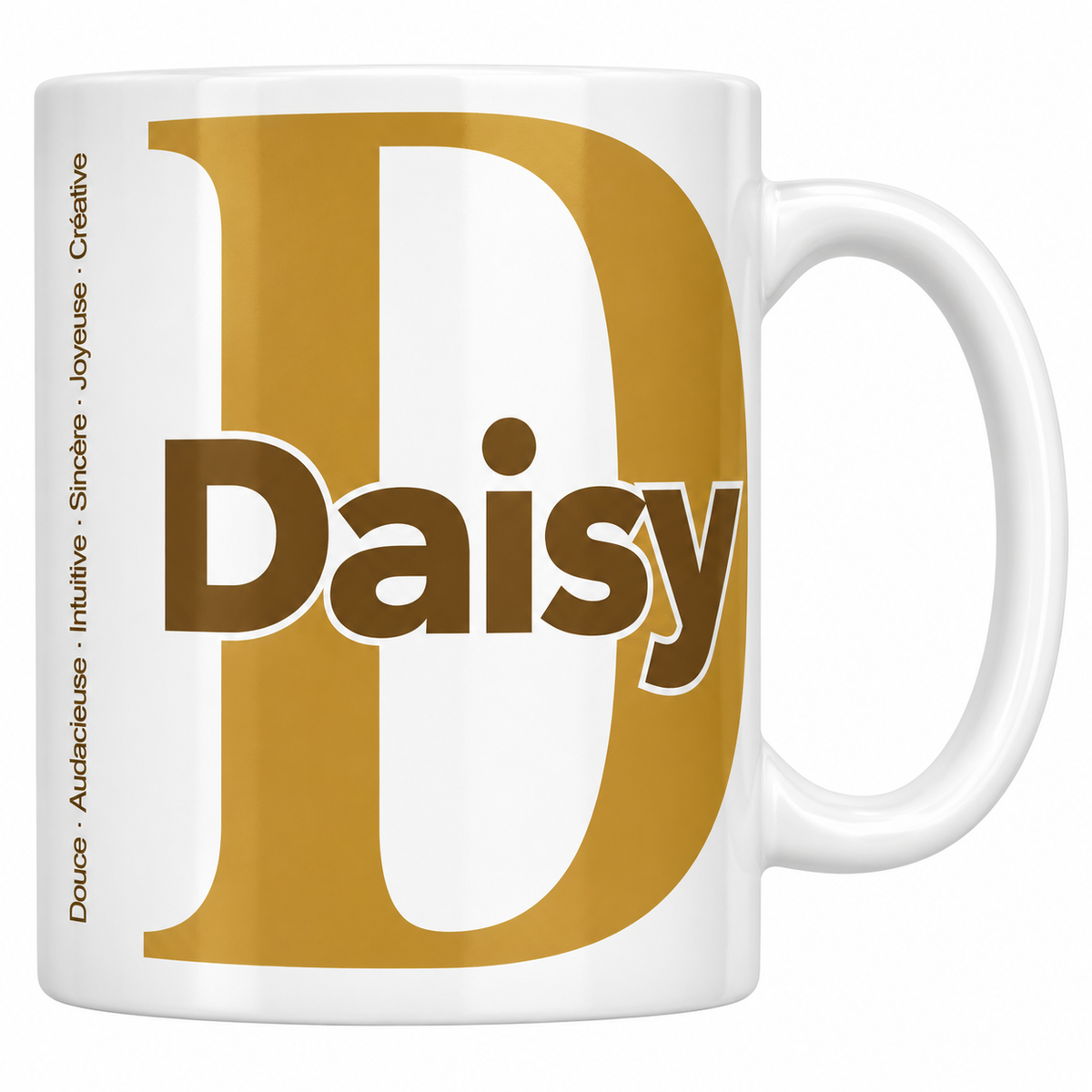 Mug blanc céramique 330 ml prénom Daisy : grande initiale D, prénom Daisy en lettres bold et six qualités verticales sur le côté
