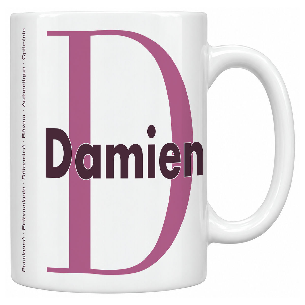 Mug blanc céramique 330 ml prénom Damien : grande initiale D, prénom Damien en lettres bold et six qualités verticales sur le côté