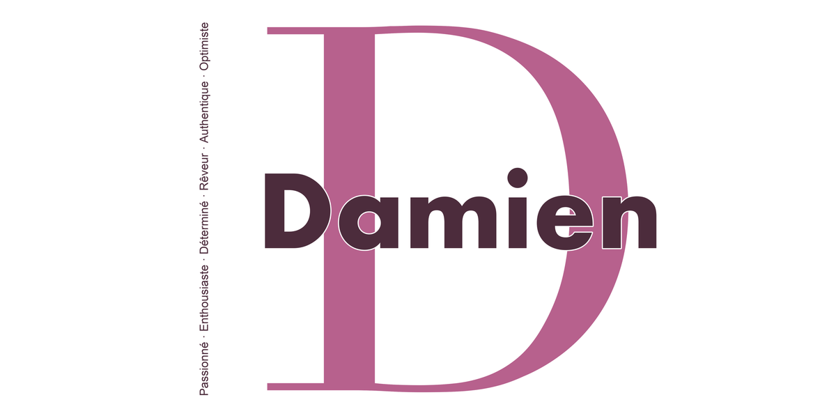 Visuel à plat du mug prénom Damien : initiale D pleine hauteur, prénom Damien centré et ligne verticale « Passionné · Enthousiaste · Déterminé · Rêveur · Authentique · Optimiste »