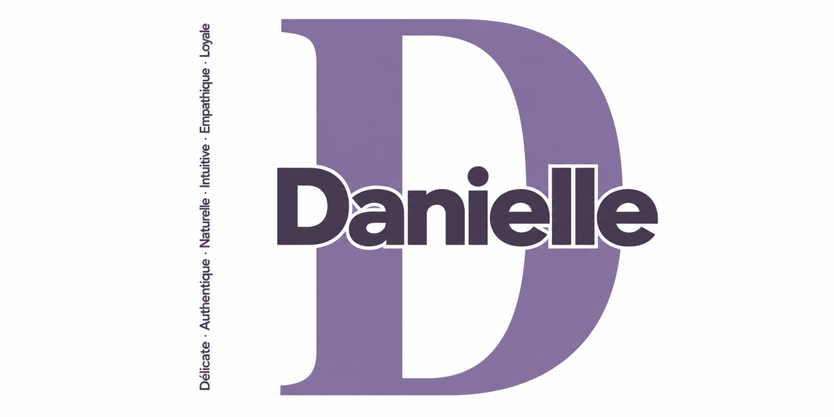 Visuel à plat du mug prénom Danielle : initiale D pleine hauteur, prénom Danielle centré et ligne verticale « Délicate · Authentique · Naturelle · Intuitive · Empathique · Loyale »