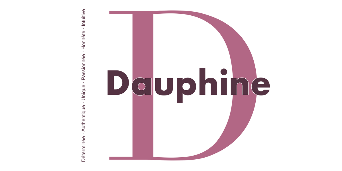 Visuel à plat du mug prénom Dauphine : initiale D pleine hauteur, prénom Dauphine centré et ligne verticale « Déterminée · Authentique · Unique · Passionnée · Honnête · Intuitive »