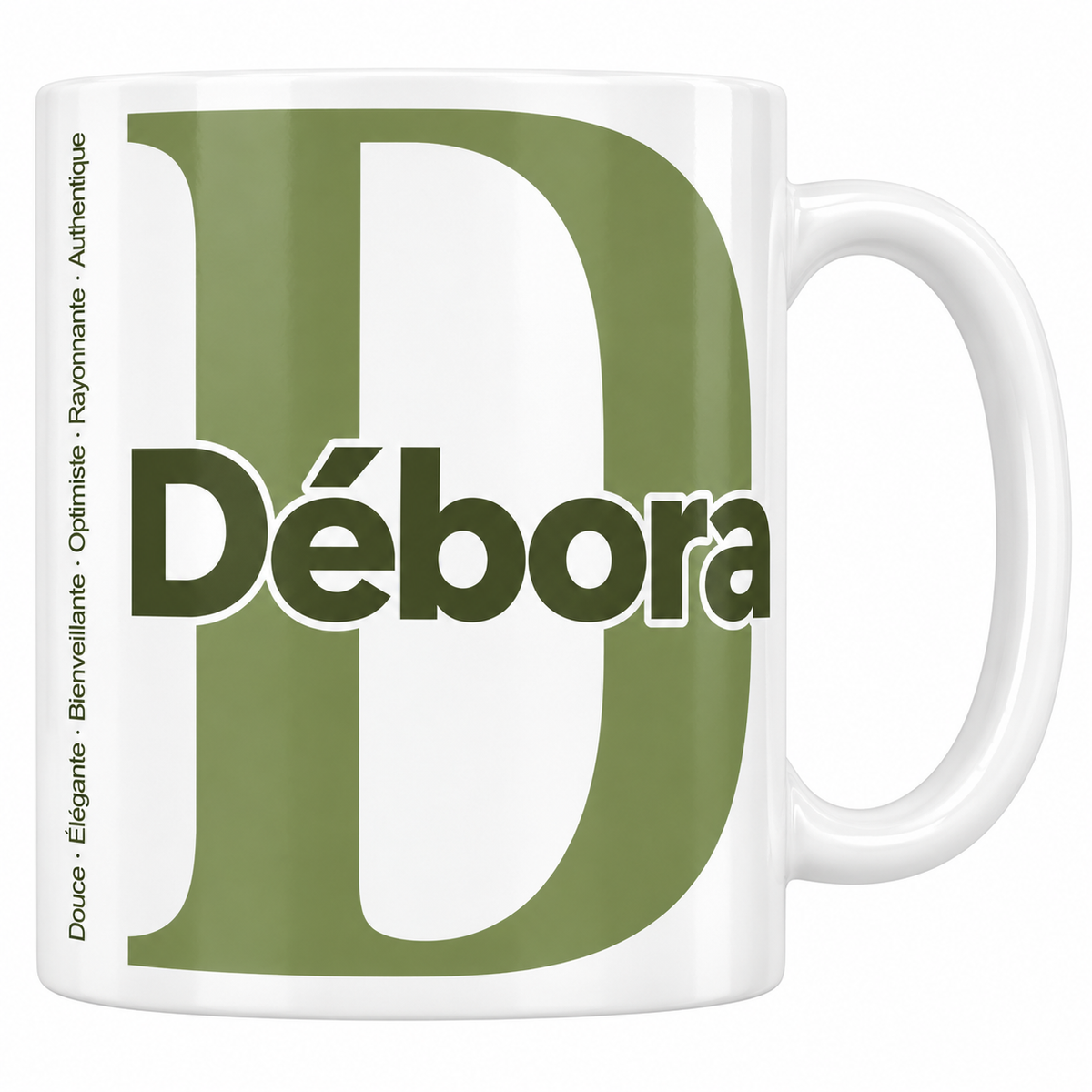 Mug blanc céramique 330 ml prénom Débora : grande initiale D, prénom Débora en lettres bold et six qualités verticales sur le côté