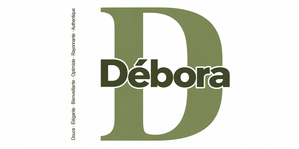 Visuel à plat du mug prénom Débora : initiale D pleine hauteur, prénom Débora centré et ligne verticale « Douce · Élégante · Bienveillante · Optimiste · Rayonnante · Authentique »