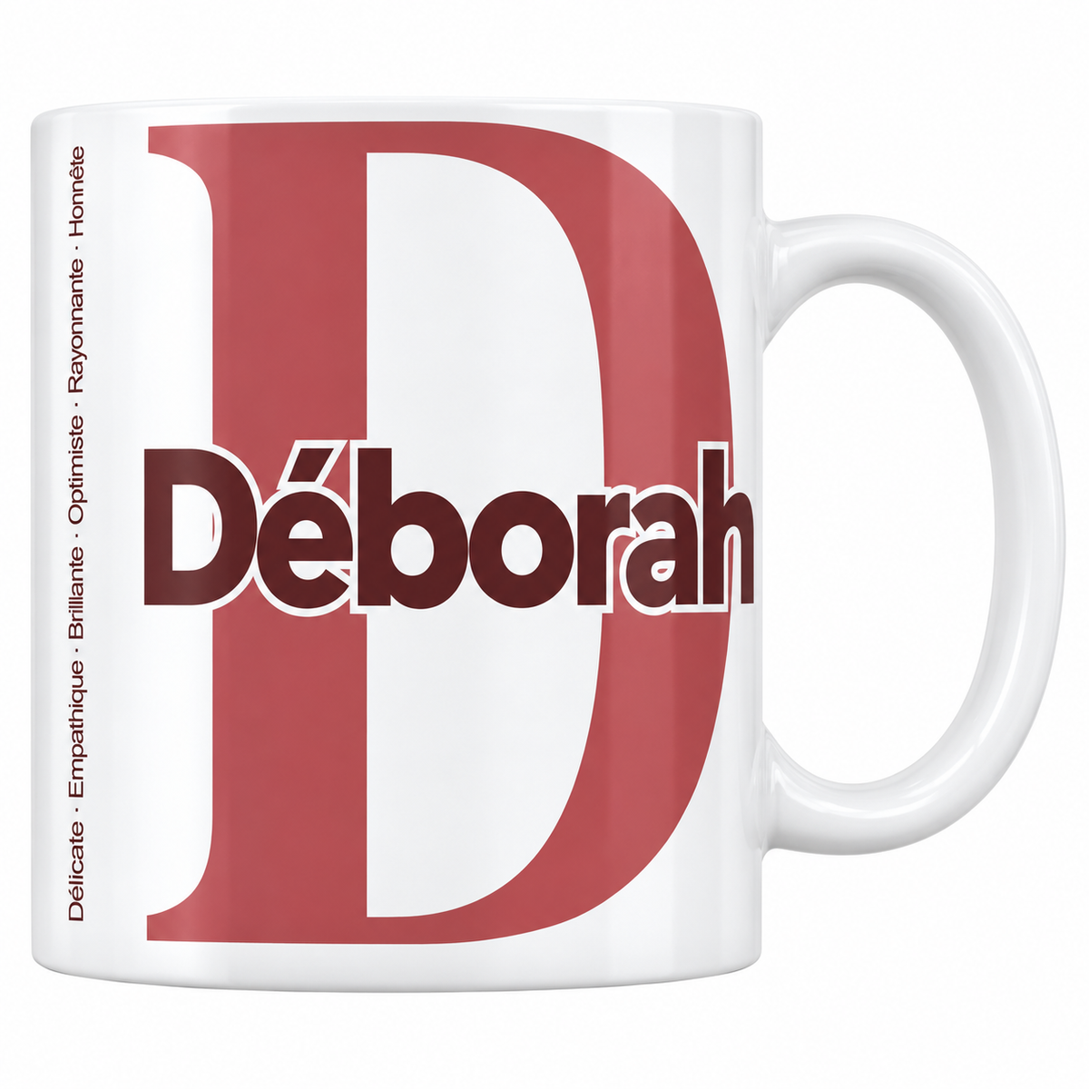 Mug blanc céramique 330 ml prénom Déborah : grande initiale D, prénom Déborah en lettres bold et six qualités verticales sur le côté