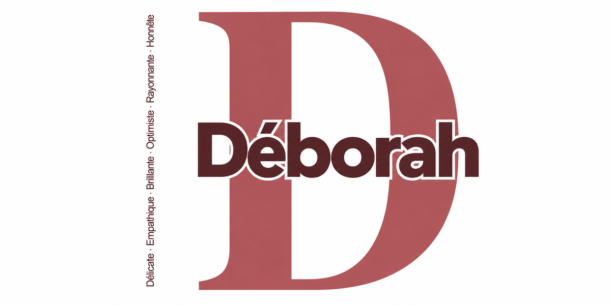 Visuel à plat du mug prénom Déborah : initiale D pleine hauteur, prénom Déborah centré et ligne verticale « Délicate · Empathique · Brillante · Optimiste · Rayonnante · Honnête »