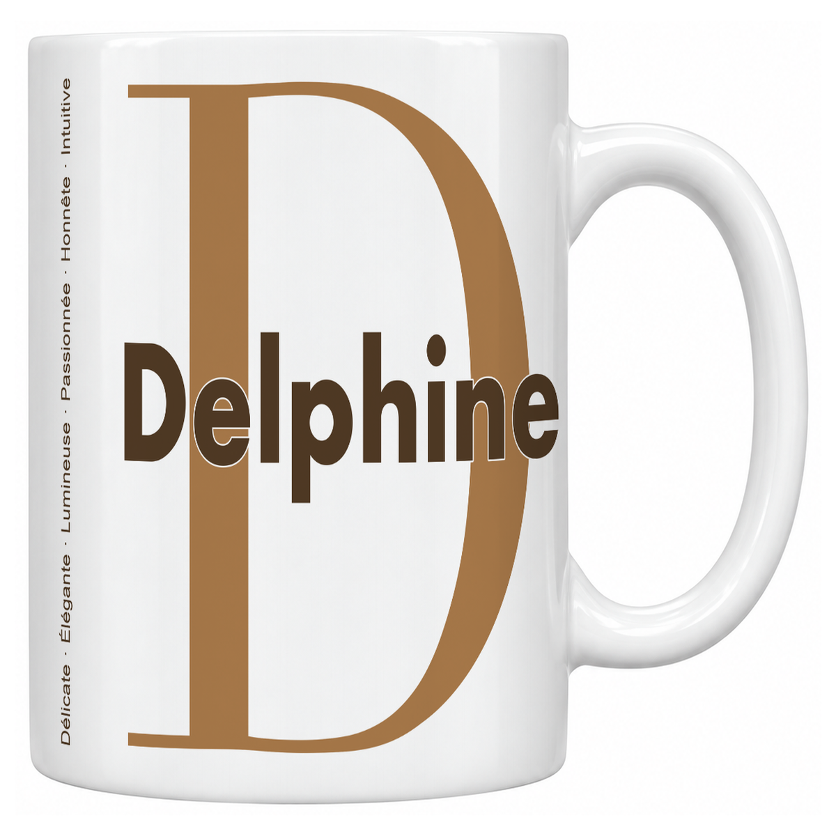 Mug blanc céramique 330 ml prénom Delphine : grande initiale D, prénom Delphine en lettres bold et six qualités verticales sur le côté