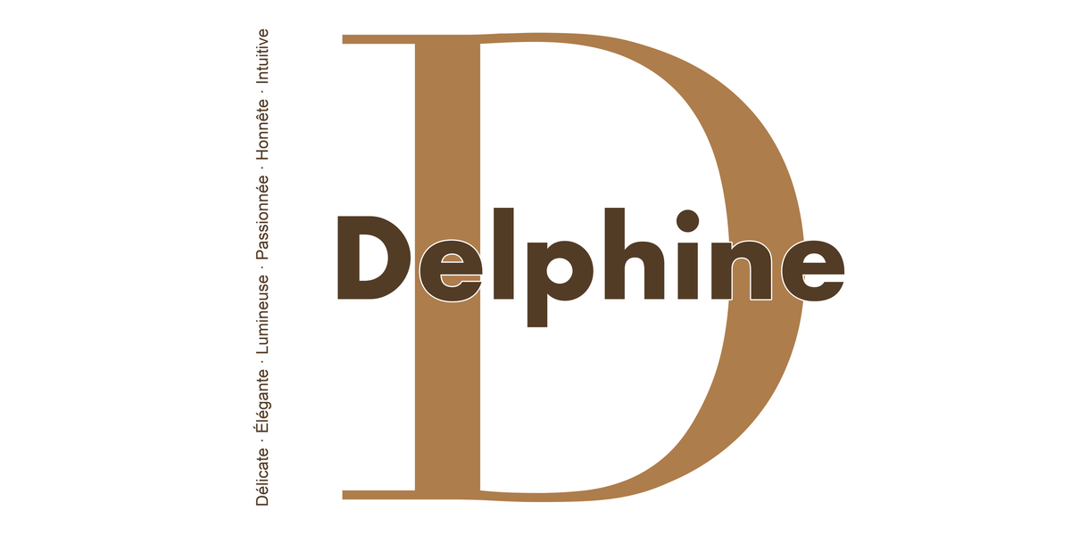 Visuel à plat du mug prénom Delphine : initiale D pleine hauteur, prénom Delphine centré et ligne verticale « Délicate · Élégante · Lumineuse · Passionnée · Honnête · Intuitive »