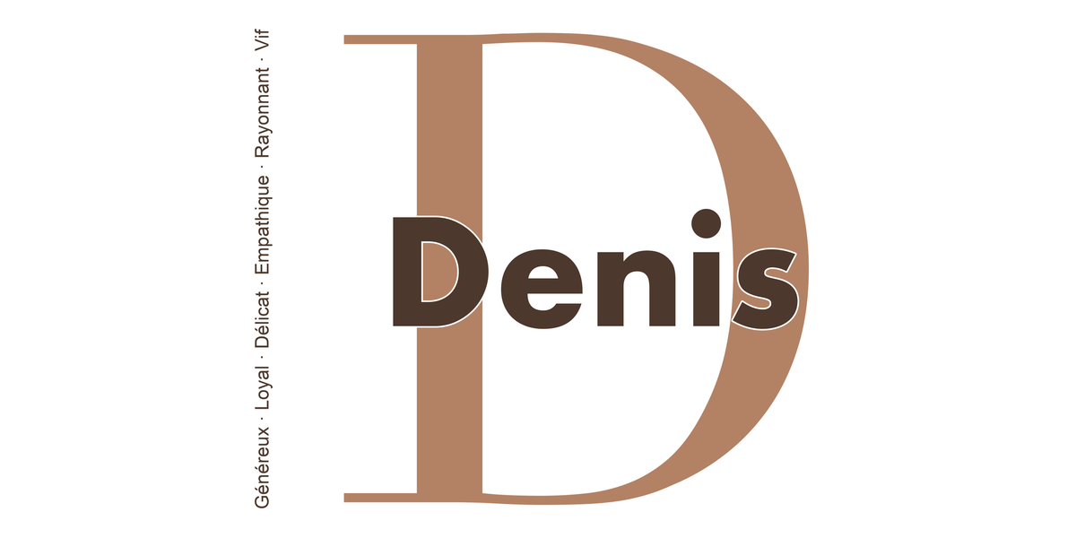 Visuel à plat du mug prénom Denis : initiale D pleine hauteur, prénom Denis centré et ligne verticale « Généreux · Loyal · Délicat · Empathique · Rayonnant · Vif »