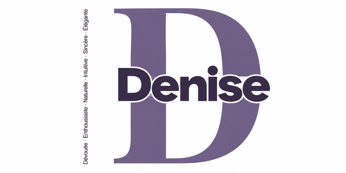 Visuel à plat du mug prénom Denise : initiale D pleine hauteur, prénom Denise centré et ligne verticale « Dévouée · Enthousiaste · Naturelle · Intuitive · Sincère · Élégante »