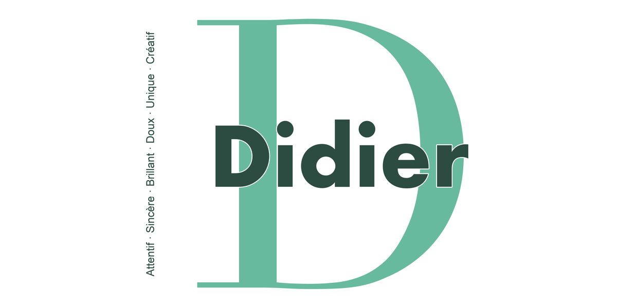 Visuel à plat du mug prénom Didier : initiale D pleine hauteur, prénom Didier centré et ligne verticale « Attentif · Sincère · Brillant · Doux · Unique · Créatif »
