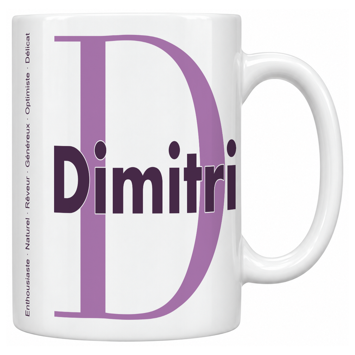 Mug blanc céramique 330 ml prénom Dimitri : grande initiale D, prénom Dimitri en lettres bold et six qualités verticales sur le côté