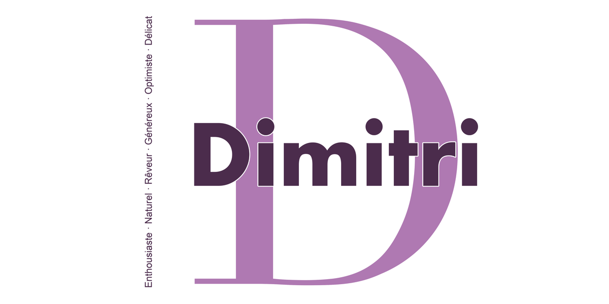Visuel à plat du mug prénom Dimitri : initiale D pleine hauteur, prénom Dimitri centré et ligne verticale « Enthousiaste · Naturel · Rêveur · Généreux · Optimiste · Délicat »