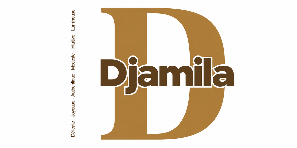 Visuel à plat du mug prénom Djamila : initiale D pleine hauteur, prénom Djamila centré et ligne verticale « Délicate · Joyeuse · Authentique · Modeste · Intuitive · Lumineuse »