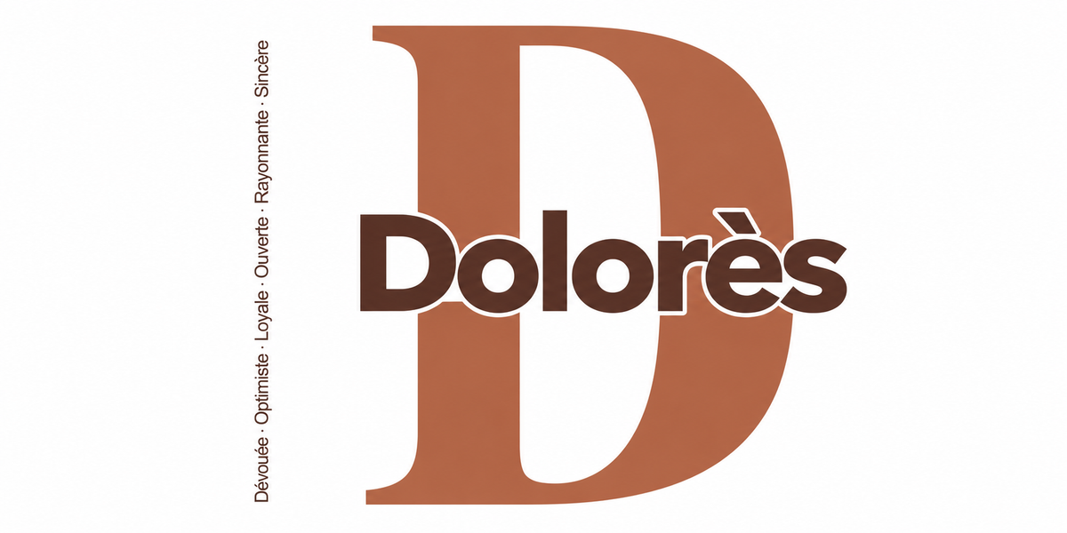 Visuel à plat du mug prénom Dolorès : initiale D pleine hauteur, prénom Dolorès centré et ligne verticale « Dévouée · Optimiste · Loyale · Ouverte · Rayonnante · Sincère »