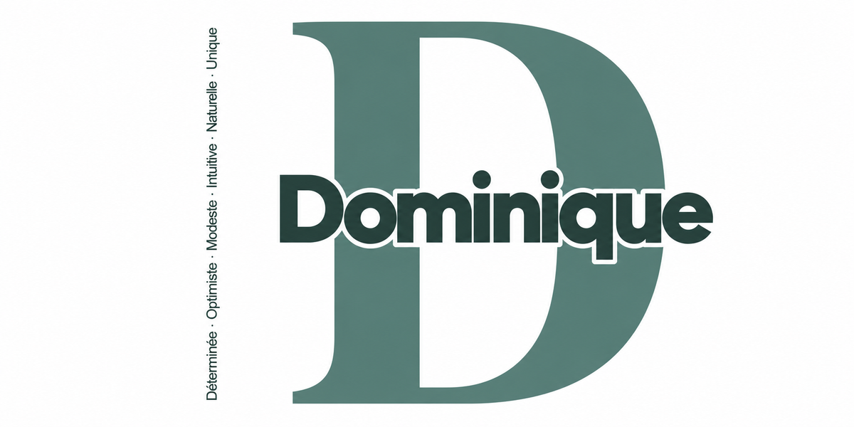 Visuel à plat du mug prénom Dominique : initiale D pleine hauteur, prénom Dominique centré et ligne verticale « Déterminée · Optimiste · Modeste · Intuitive · Naturelle · Unique »