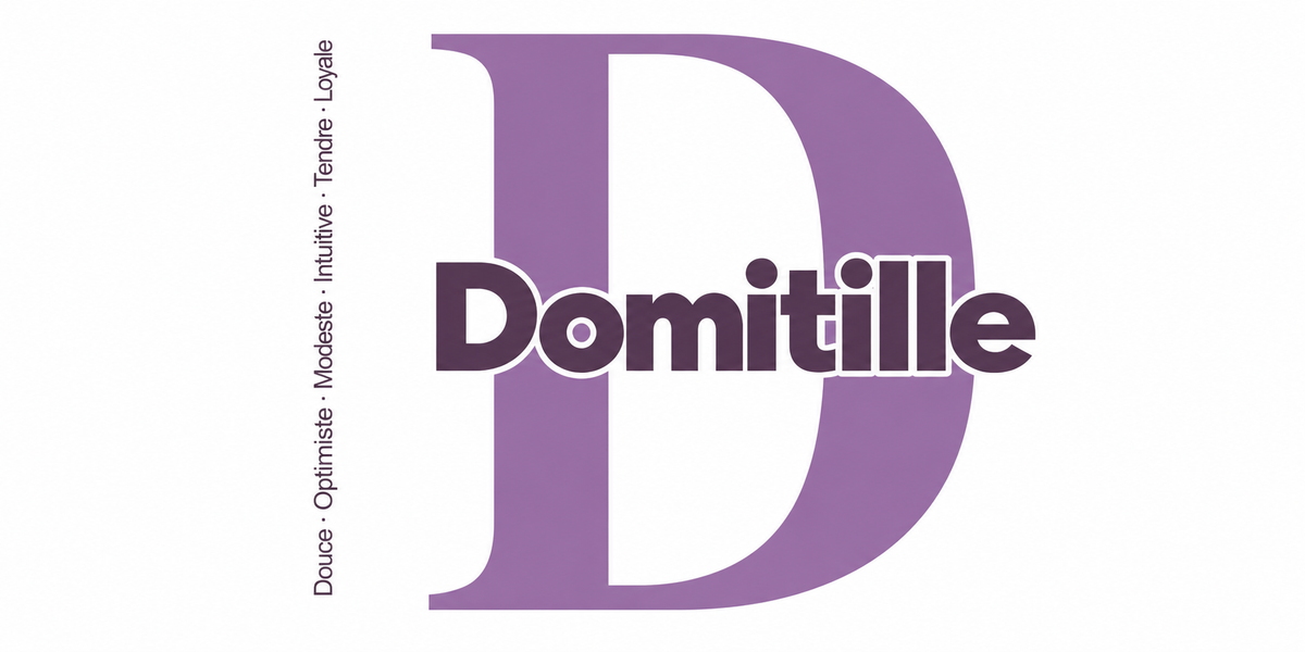 Visuel à plat du mug prénom Domitille : initiale D pleine hauteur, prénom Domitille centré et ligne verticale « Douce · Optimiste · Modeste · Intuitive · Tendre · Loyale »
