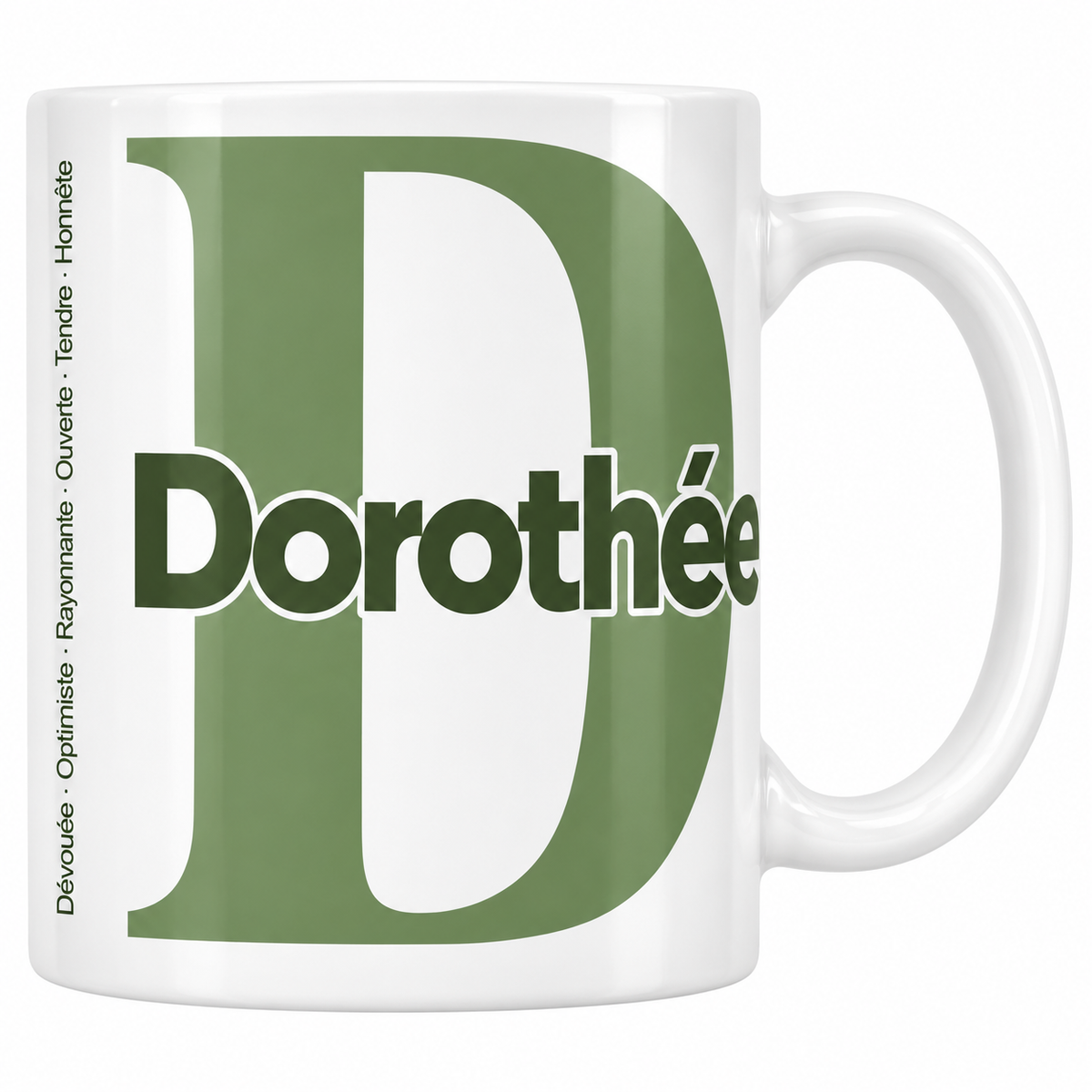 Mug blanc céramique 330 ml prénom Dorothée : grande initiale D, prénom Dorothée en lettres bold et six qualités verticales sur le côté