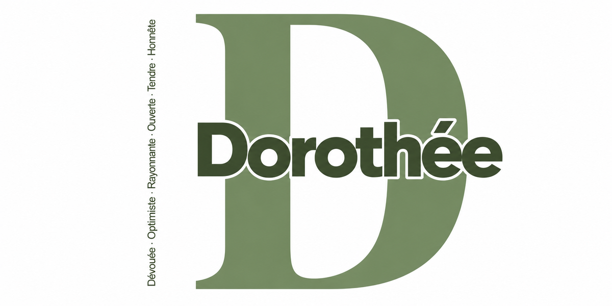 Visuel à plat du mug prénom Dorothée : initiale D pleine hauteur, prénom Dorothée centré et ligne verticale « Dévouée · Optimiste · Rayonnante · Ouverte · Tendre · Honnête »