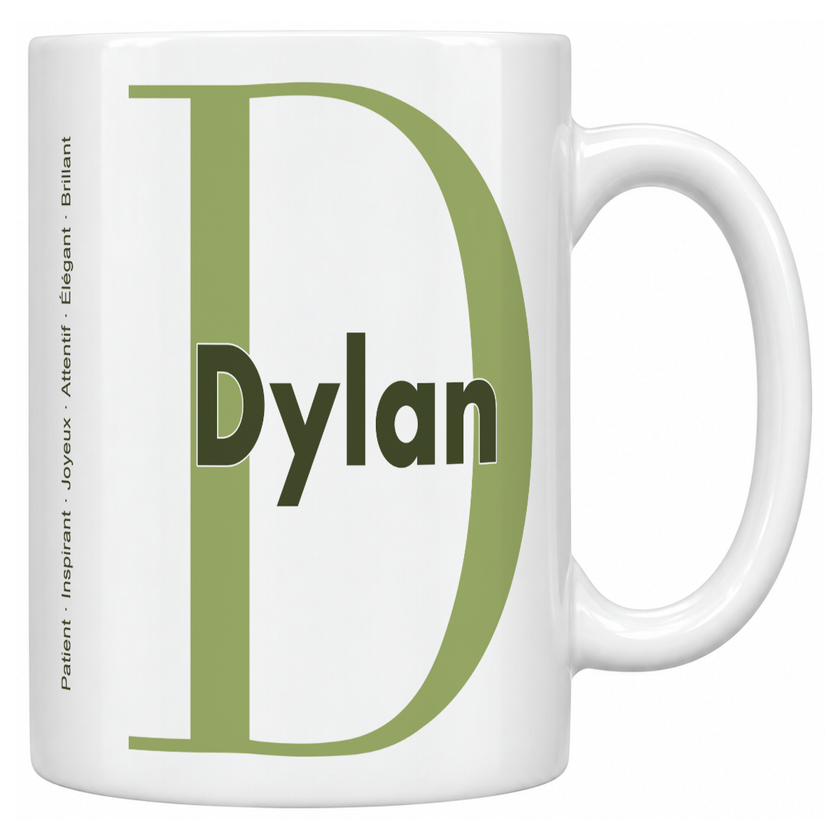 Mug blanc céramique 330 ml prénom Dylan : grande initiale D, prénom Dylan en lettres bold et six qualités verticales sur le côté