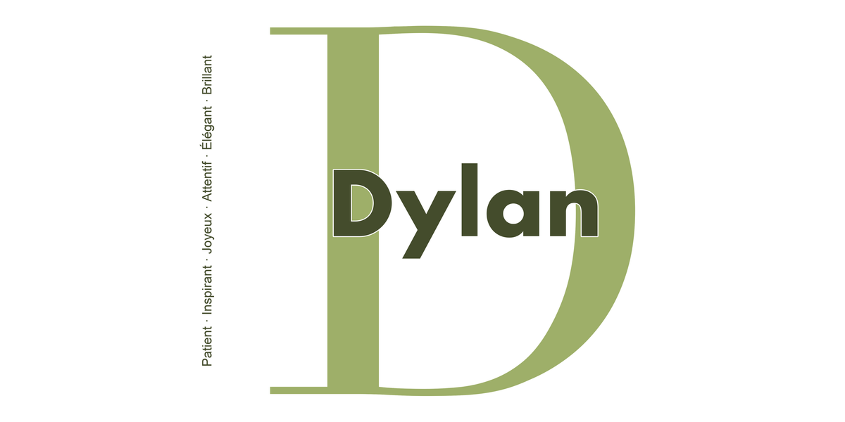 Visuel à plat du mug prénom Dylan : initiale D pleine hauteur, prénom Dylan centré et ligne verticale « Patient · Inspirant · Joyeux · Attentif · Élégant · Brillant »