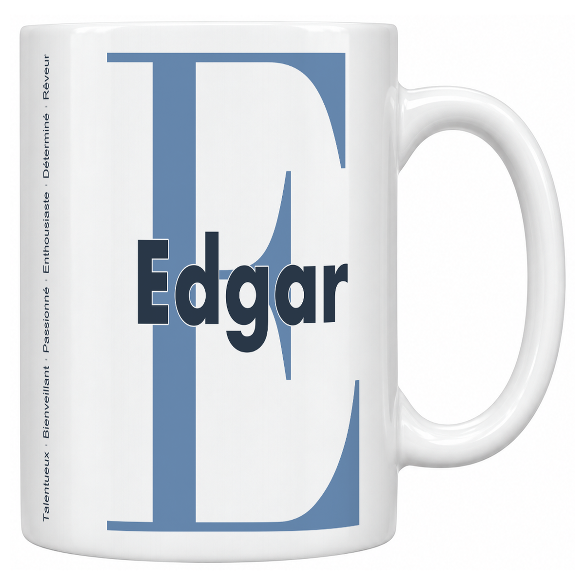 Mug blanc céramique 330 ml prénom Edgar : grande initiale E, prénom Edgar en lettres bold et six qualités verticales sur le côté