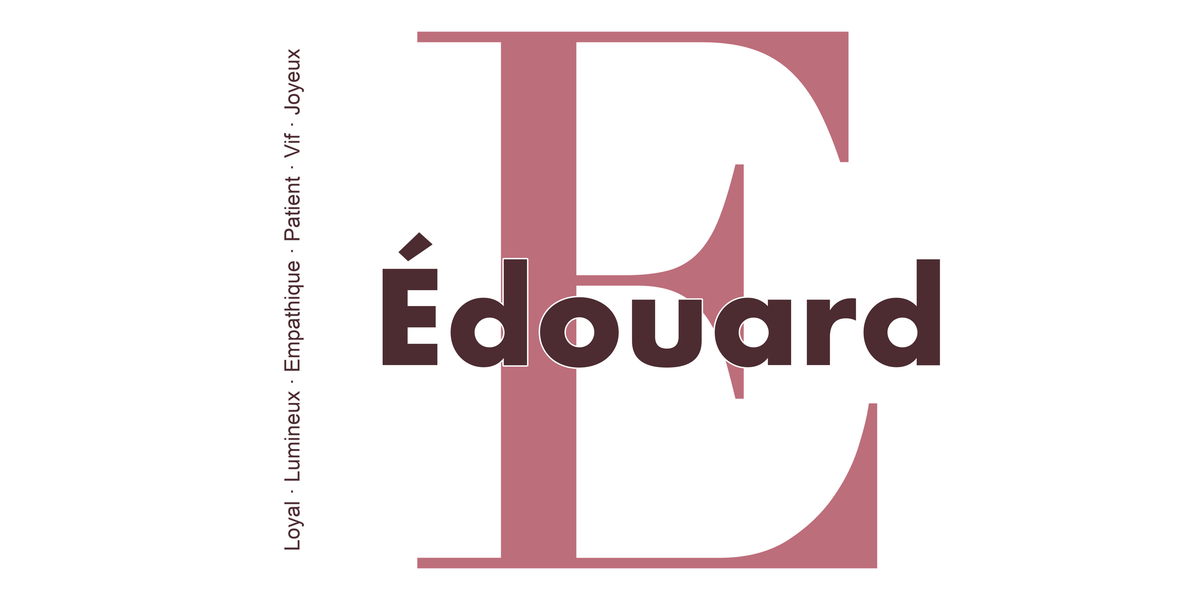 Visuel à plat du mug prénom Édouard : initiale E pleine hauteur, prénom Édouard centré et ligne verticale « Loyal · Lumineux · Empathique · Patient · Vif · Joyeux »