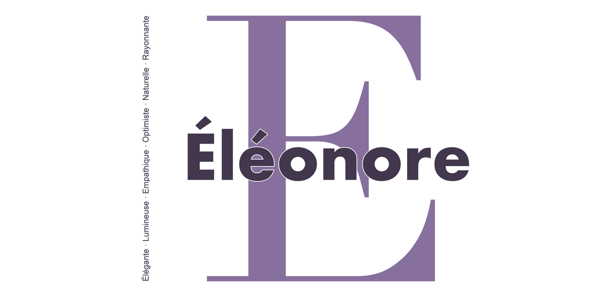 Visuel à plat du mug prénom Éléonore : initiale E pleine hauteur, prénom Éléonore centré et ligne verticale « Élégante · Lumineuse · Empathique · Optimiste · Naturelle · Rayonnante »