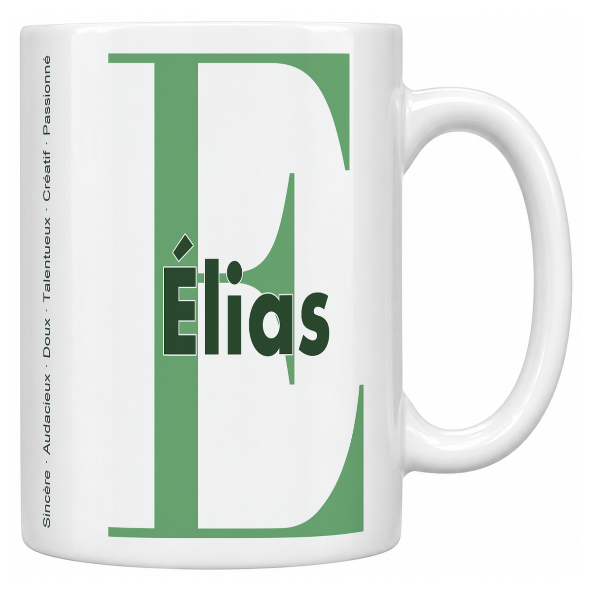 Mug blanc céramique 330 ml prénom Élias : grande initiale E, prénom Élias en lettres bold et six qualités verticales sur le côté