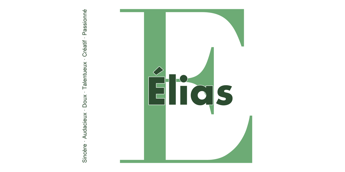 Visuel à plat du mug prénom Élias : initiale E pleine hauteur, prénom Élias centré et ligne verticale « Sincère · Audacieux · Doux · Talentueux · Créatif · Passionné »