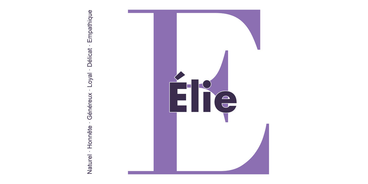 Visuel à plat du mug prénom Élie : initiale E pleine hauteur, prénom Élie centré et ligne verticale « Naturel · Honnête · Généreux · Loyal · Délicat · Empathique »