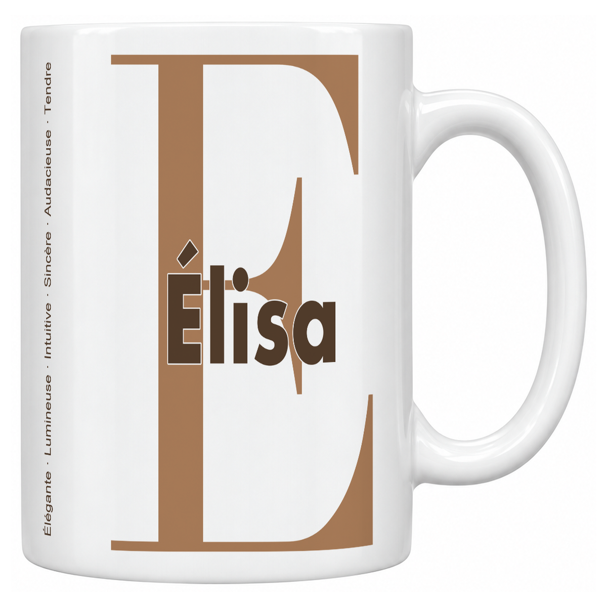 Mug blanc céramique 330 ml prénom Élisa : grande initiale E, prénom Élisa en lettres bold et six qualités verticales sur le côté