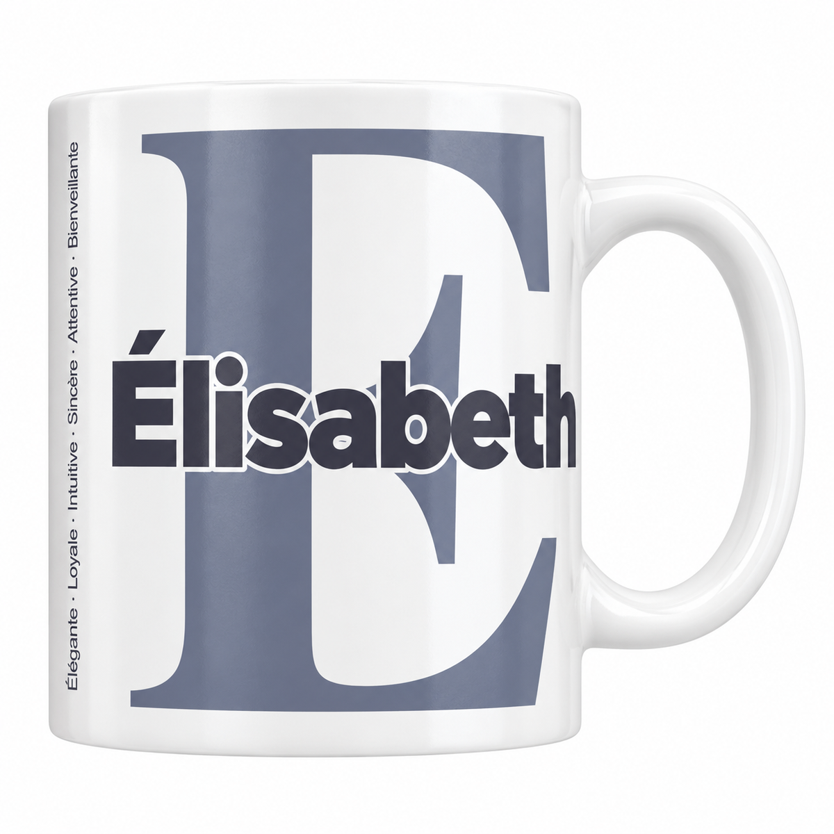Mug blanc céramique 330 ml prénom Élisabeth : grande initiale E, prénom Élisabeth en lettres bold et six qualités verticales sur le côté